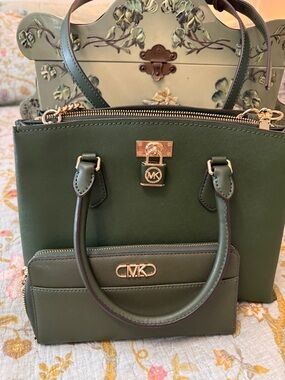 Michael Kors Dark Olive Saffiano Leather Satchel with Gold Hardware